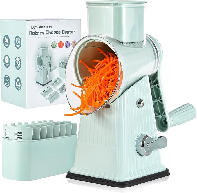 Rotary Cheese Grater, Vegetable Shredder 5 in 1 Cheese Grater with Handle edder Reinforced Suction,Easy to Clean,Kitchen Chopper for Crushed Ice,Fruits and Nuts with Blade Storage Case（Green）