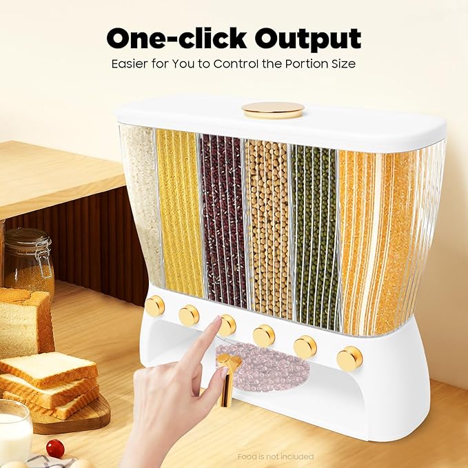 Food Storage Containers with 6 Divisions,Wall mounted 6 Grid Beans Dispenser,22Lbs Cereal Containers for Storing Flour & Sugar & Rice & Cereals & Nuts & Beans & Coffee