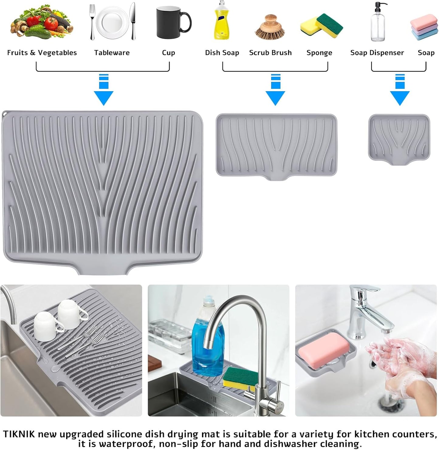Silicone Dish Drying Mat for Kitchen Counter, Dish Drying Pad, Non-Slip Drain Pad with Built-in Drain, Heat Resistant Stone Drying Mat, 1 set XL(Grey)