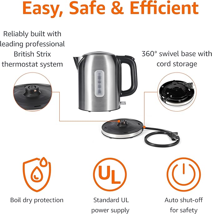 Amazon Basics 1.1Qt (1L) Electric Kettle, Tea Kettle & Water Boiler, with Auto Shut-Off, Boil Dry Protection, High-Safety Strix Thermostat, BPA-Free, 1500W, Stainless Steel, New Model, Black & Silver
