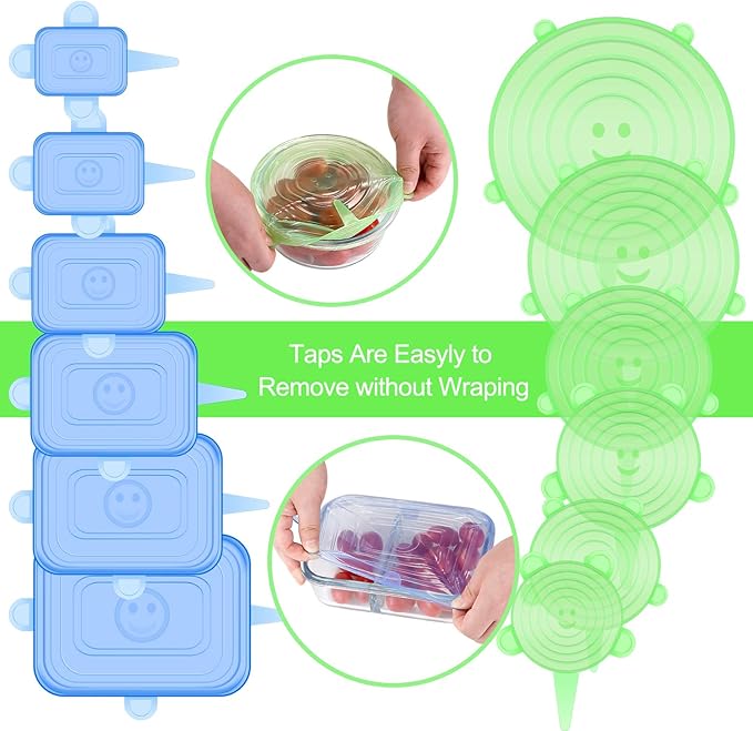 Silicone Stretch Lids, 12 Pack Silicone Lids, 6 Sizes BPA-free Silicone Bowl Covers Reusable for Cups, Bowls and Dish, Flexible, Round and Rectangle Fit 2.8” - 8.2” Container, Green & Blue