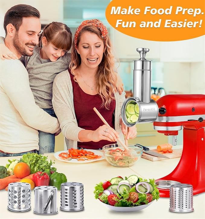 Stainless Steel Salad Maker Attachment for KitchenAid Mixers, Large Slicer Shredder & Cheese Grater Accessories with 4 Blades,Dishwasher Safe