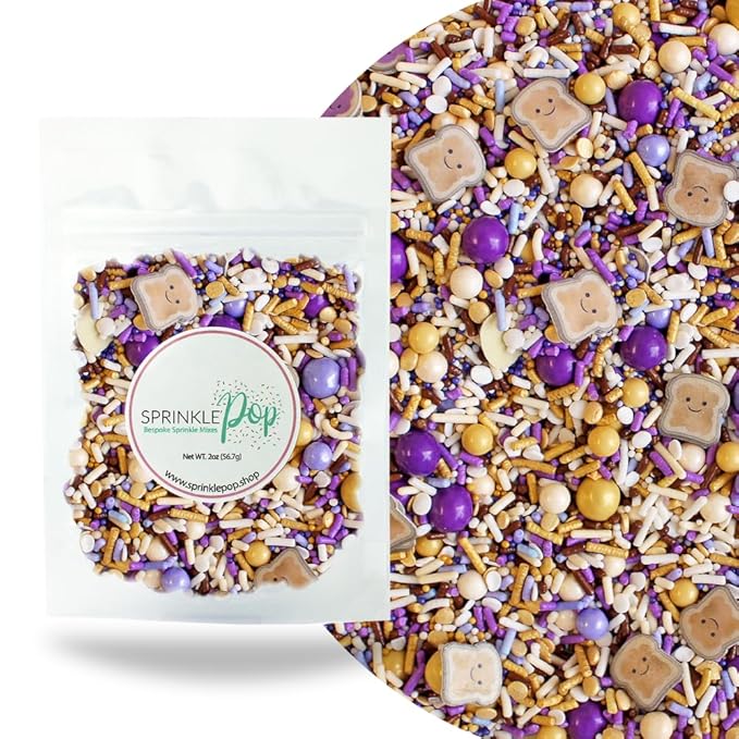Sprinkle Pop PB&J Sprinkle Mix| lavender Purple Gold Cream Chocolate Sprinkles with ~10 Peanut Butter & Grape Jelly Slice Wafer Papers| Sprinkles Made in USA for Decorating Cake Cupcakes Cookies, 2oz