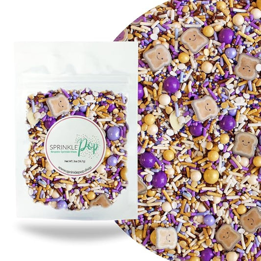 Sprinkle Pop PB&J Sprinkle Mix| lavender Purple Gold Cream Chocolate Sprinkles with ~10 Peanut Butter & Grape Jelly Slice Wafer Papers| Sprinkles Made in USA for Decorating Cake Cupcakes Cookies, 2oz