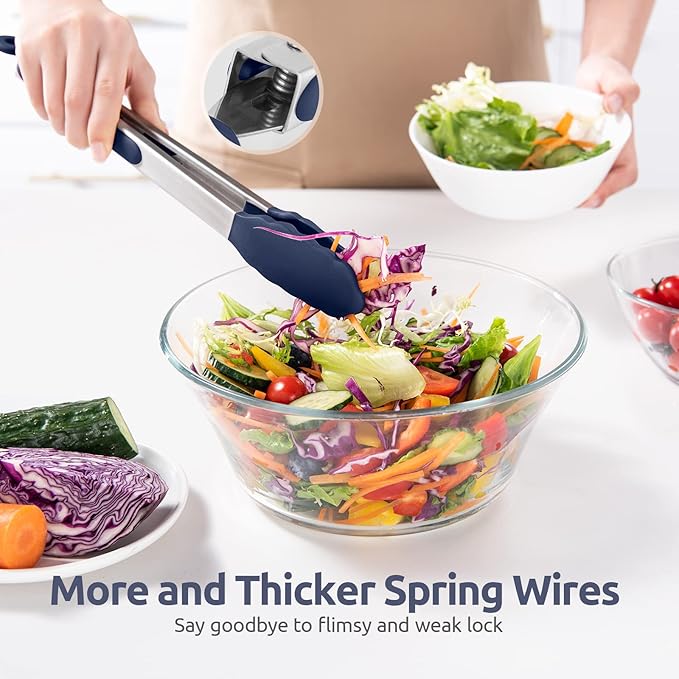 600ºF Heat Resistant Kitchen Tongs: U-Taste 12 inch Large Silicone Cooking Tong with Non Stick Rubber Tips & Silicon Coated 18/8 Stainless Steel Handle & Smooth Lock for Serving Grill (Midnight Blue)