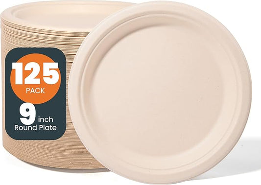 100% Compostable Plates - Disposable, Heavy Duty, Biodegradable, Eco-Friendly (Natural, 9 inch, 125-Count)