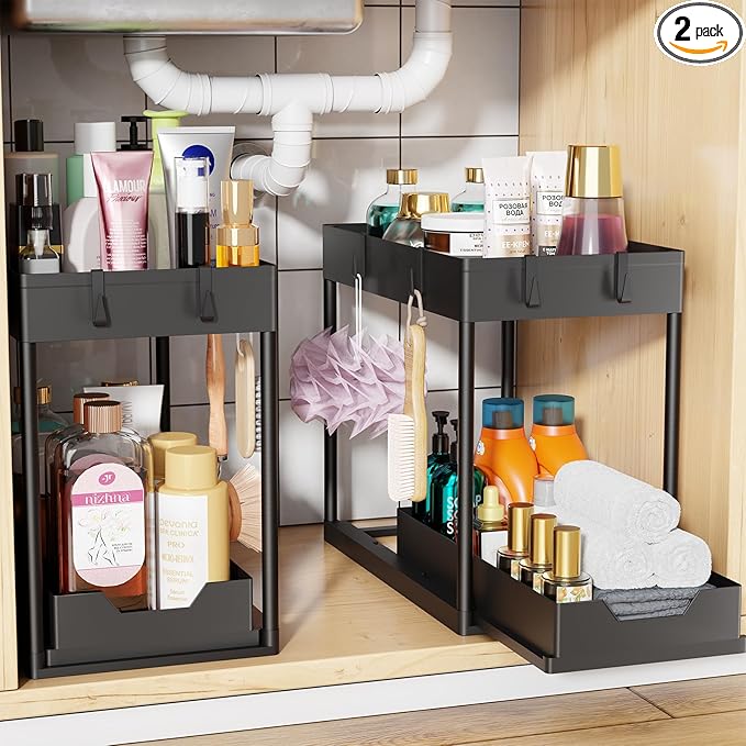 Simple Trending Under Sink Organizer 2 Pack, Sink Pull-Out Sliding Storage Cabinet, 2-Tier Under Shelf Organizer for Kitchen Bathroom, Black