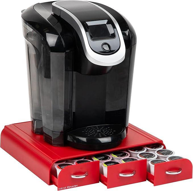 Mind Reader Single Serve Coffee Pod Organizer with 3 Drawers, 36 Pod Capacity, Countertop, 13.5"L x 12.25"W x 2.5"H, Red