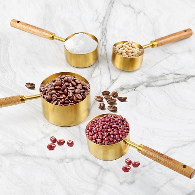 4 Piece gold measuring cups set，Golden Stainless Steel Measuring Cup and spoons set with Wooden Handle for Food/Liquid/Baking in the Kitchen