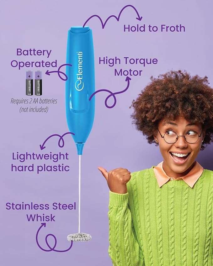 Elementi Powerful Frother Wand – Lightweight Milk Frother & Drink Mixer Handheld, Matcha Whisk for Dreamy Lattes, Powerful Coffee Mixer Wand & Blender Stirrer - Make Creamy Cappuccinos (Electric Blue)