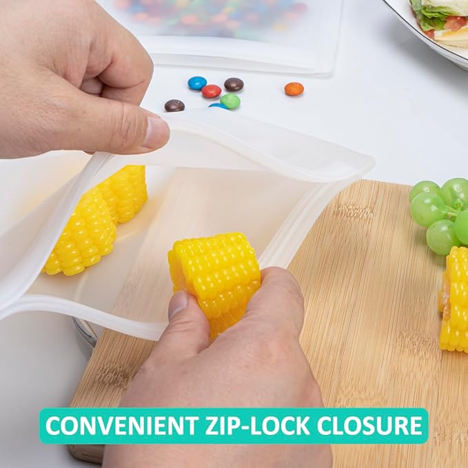 Reusable Sandwich Bags & Snack Bags Set, 8 Pack, 100% Silicone Reusable Storage Bag, Soft Shell Ziplock Silicone Food Storage Containers, Freezer Microwave Oven Dishwasher Safe, Translucent