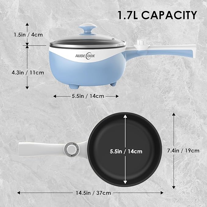 Audecook Hot Pot Electric, 1.7L Mini Electric Skillet Portable Nonstick Sauté Pan with Power Adjustment, Rapid Noodles Cooker Travel Multicooker for Steak/Soup/Egg/Oatmeal/Noodles