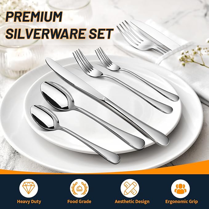 60 Piece Silverware Set for 12, Premium Stainless Steel Flatware Set, Eating Utensil Sets with Steak knives, Cutlery Tableware Service Include Fork Knife Spoon Set, Mirror Polished