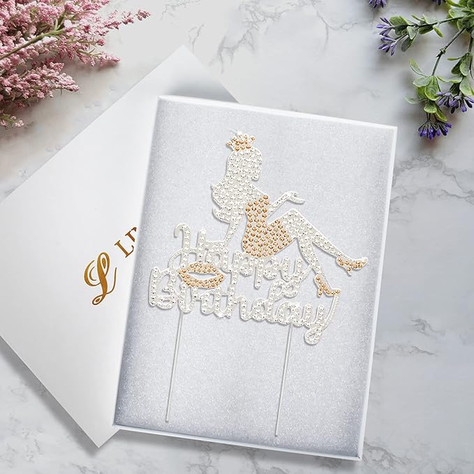 LINGTEER Happy Birthday Crown Queen High Heel Rhinestone Cake Topper - Cheers to Makeup Spa Birthday Party Cake Centerpieces Decorations Gift Sign - Orange.