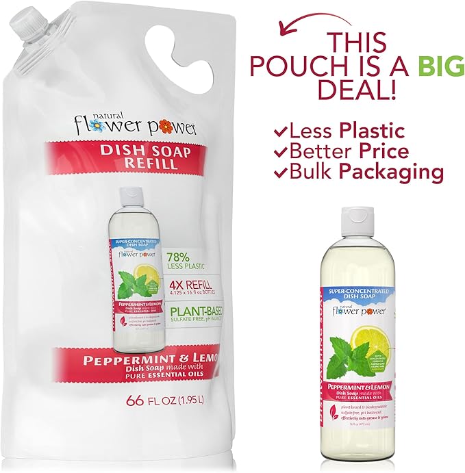 Liquid Dish Soap Refill – 66 Fl Oz Refills 4X – Plant-Based & Scented w/Pure Essential Oils – Natural Dishwashing Detergent – Sulfate-Free Kitchen Soap (Peppermint & Lemon)