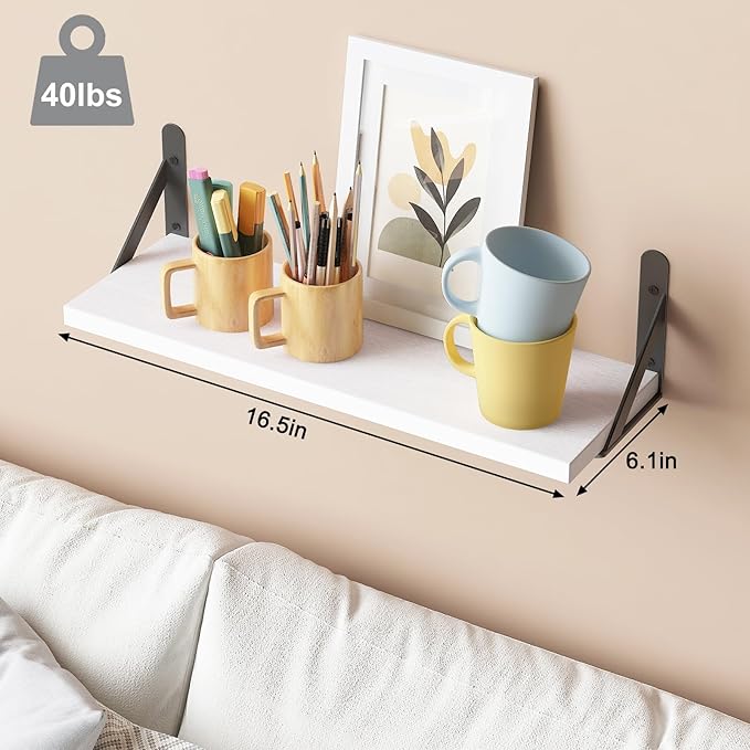 YGEOMER 16.5 Inch Floating Shelves for Wall, Farmhouse Wall Shelves for Bedroom, Bathroom Storage, Living Room and Kitchen Decor (Set of 6 White)