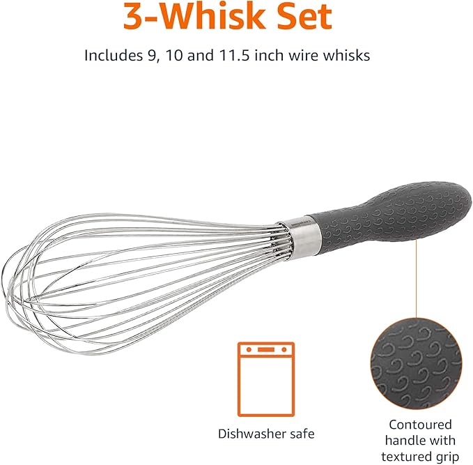 Amazon Basics Stainless Steel Wire Whisk Set for Cooking, Dishwasher Safe, 3 Piece, Black/Silver