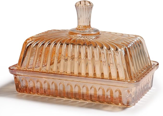 Wide Glass Butter Dish with Cover for Countertop Vintage Crystal Butter Holder for Counter Covered Glass Butter Keeper Butter Holder for Refrigerator,Butter Tray with Two Stick 4oz Butter