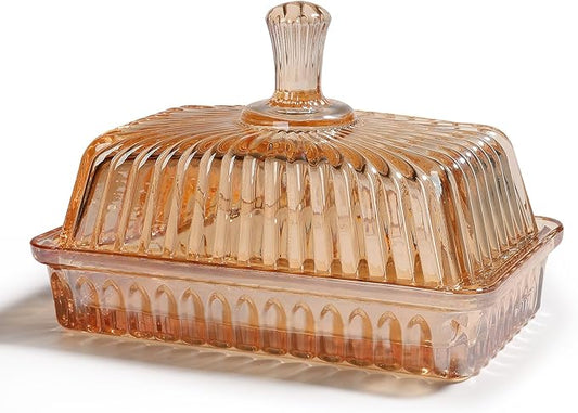 Wide Glass Butter Dish with Cover for Countertop Vintage Crystal Butter Holder for Counter Covered Glass Butter Keeper Butter Holder for Refrigerator,Butter Tray with Two Stick 4oz Butter