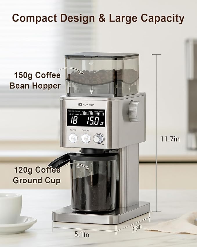 MOKKOM Coffee Grinder with 31 Precise Settings, Anti-Static, Quiet Conical Burr Coffee Bean Grinder for Home Use, Stainless Steel, 30 Seconds Timer & 1-8 Cup, LCD Display, Easy to Clean