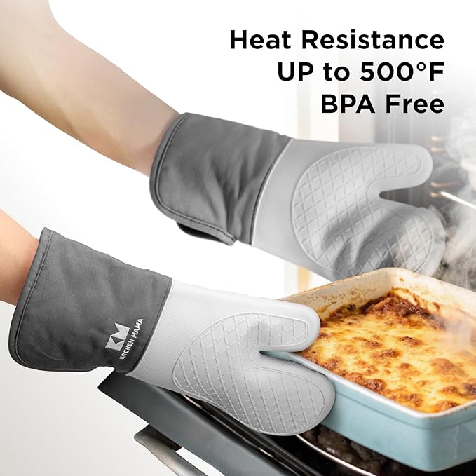 Kitchen Mama UltraShield Silicone Oven Mitts Heat Resistant – Non-Slip, Stain-Resistant, Silicone Cooking Mitts & Pot Holders for Baking, Grilling, Heat Resistant Cooking Gloves (Metal Gray)