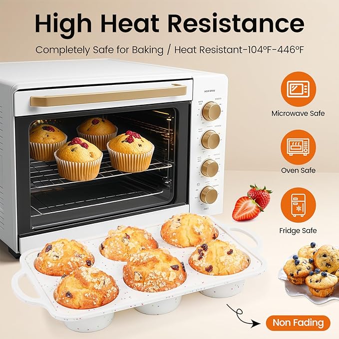 Silicone Jumbo Muffin Pan with Metal Frame, Non Stick Food Grade Silicone Large Muffin Pan Set of 2, with Handles 6 Cup,BPA-Free and Dishwasher Safe, Jumbo Cupcake Pans