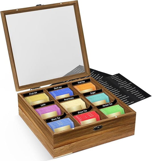 Acacia Wood Tea Bag Organizer Tea Storage Box with Clear Acrylic Top Window & 9 Compartments Tea Bag Holder for Home Office Gift (Acacia)