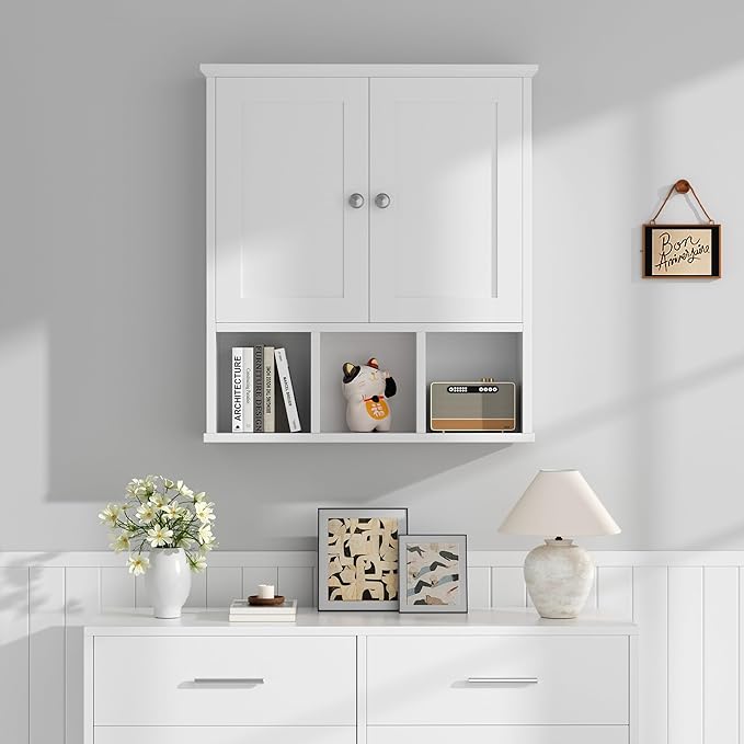Shintenchi Bathroom Wall Cabinet with Door, Storage Organizer Over The Toilet Medicine, Space Saving with Adjustable & Open Shelf, White