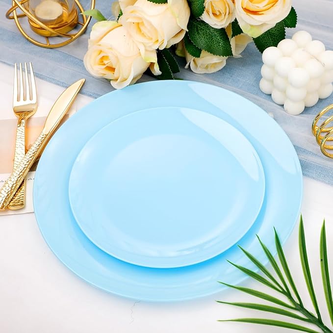 KIRE 60PCS Blue Plastic Plates Disposable - Heavy Duty Light Blue Plates Include 30Pcs 10.25” Dinner Plates and 30Pcs 7.5” for Dessert/Salad in Baby Shower/Picnic