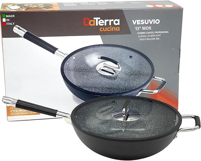 DaTerra Cucina - 13" Nonstick Ceramic Wok with Lid - Made in Italy - High Heat Resistant Nonstick Cookware - Oven Safe, PTFE, Cadmium, Lead & PFOA free - Volcanic Black Speckled