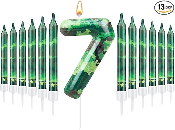 13 Pcs Camo Themed Birthday Candles 12 Army Themed Birthday Cake Candles and Number 7 Candle Cake Topper for Birthday Party Camouflage Motif Party Hunting Themed Party Decoration Supplies (Number 7)
