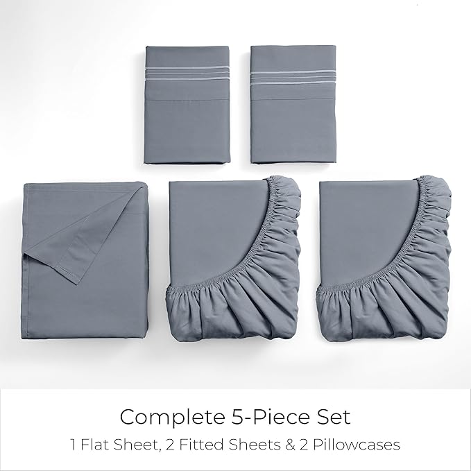 Mellanni Split King Sheets Set - 5 PC Iconic Collection Bedding - Hotel Luxury, Extra Soft, Cooling Bed Sheets - Wrinkle, Fade, Stain Resistant (Split King, Mineral Gray)