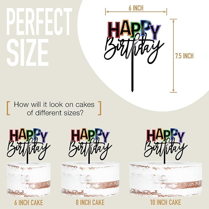 Acrylic Black Happy Birthday Cake Topper, 7.5" x 6" Rainbow Birthday Cake Decoration (Black)