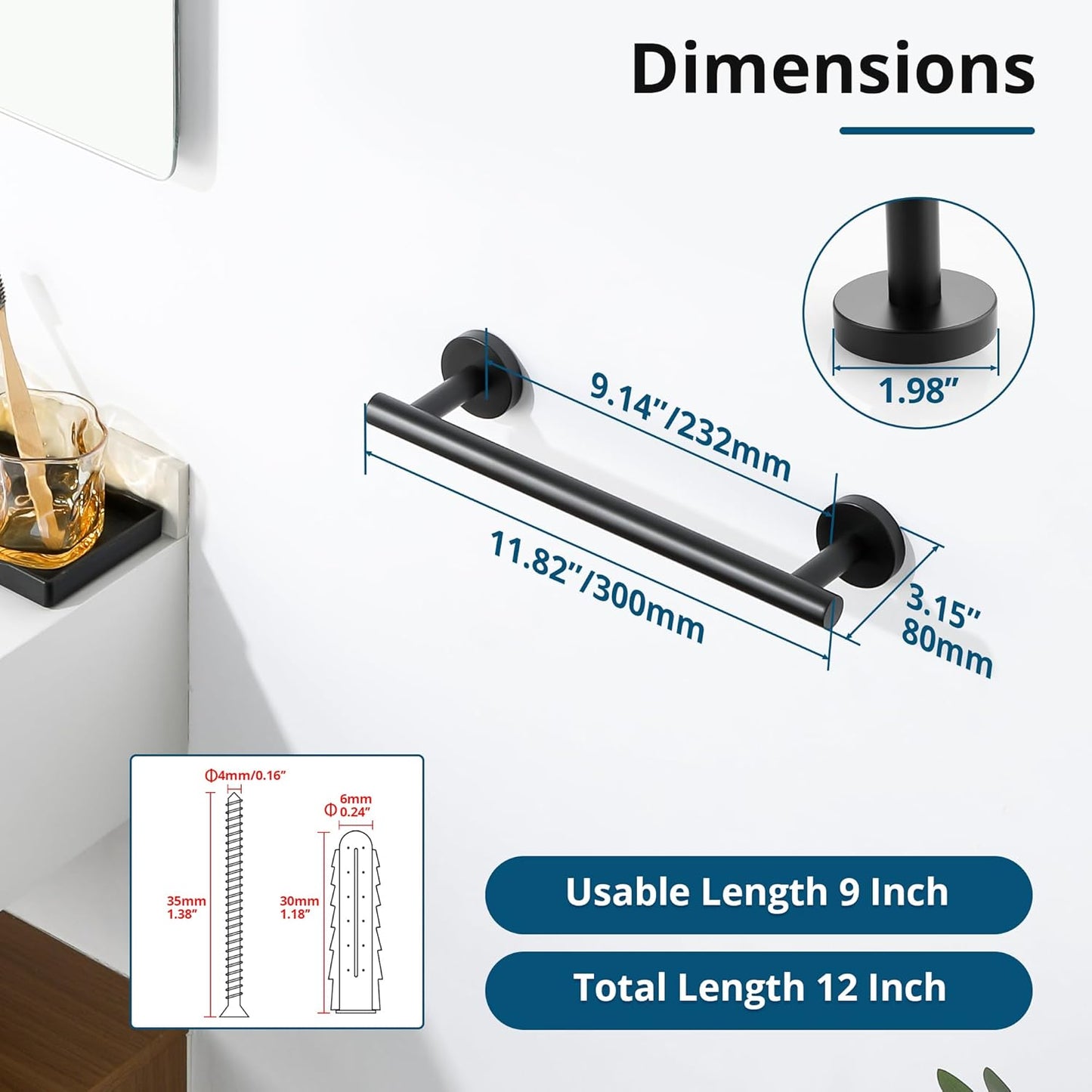 Sayayo Matte Black Hand Towel Holder for Bathroom, 12 Inch Towel Bar Towel Rack for Kitchen, Towel Ring Towel Rod Wall Mount SUS304 Stainless Steel (Hanging Length 9-Inch)