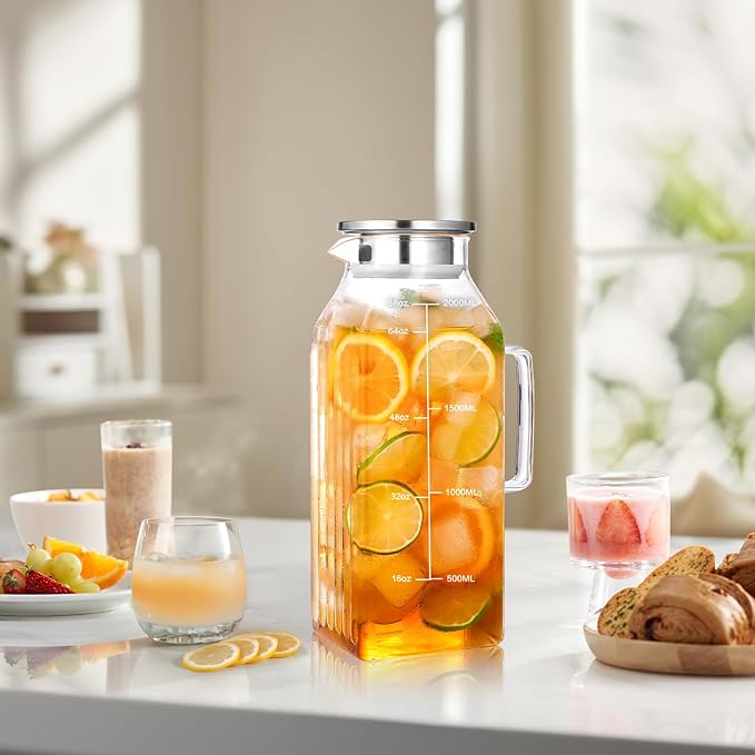 Aofmee 68oz Glass Pitcher for Bridge Door, 2 Liter Square Water Pitcher with Lid and Scale Line, Heat Resistant Tea Pitchers, Leak Proof Juice Jug, Borosilicate Glass Carafe for Hot/Cold Beverage