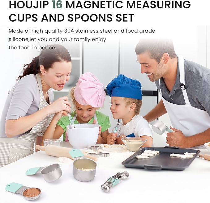 Magnetic Measuring Cups and Spoons Set-Heavy Duty 304 Stainless Steel，Double Measurement Markings，Set of 16 with Leveler for Measure Dry and Liquid Ingredients (Mint)