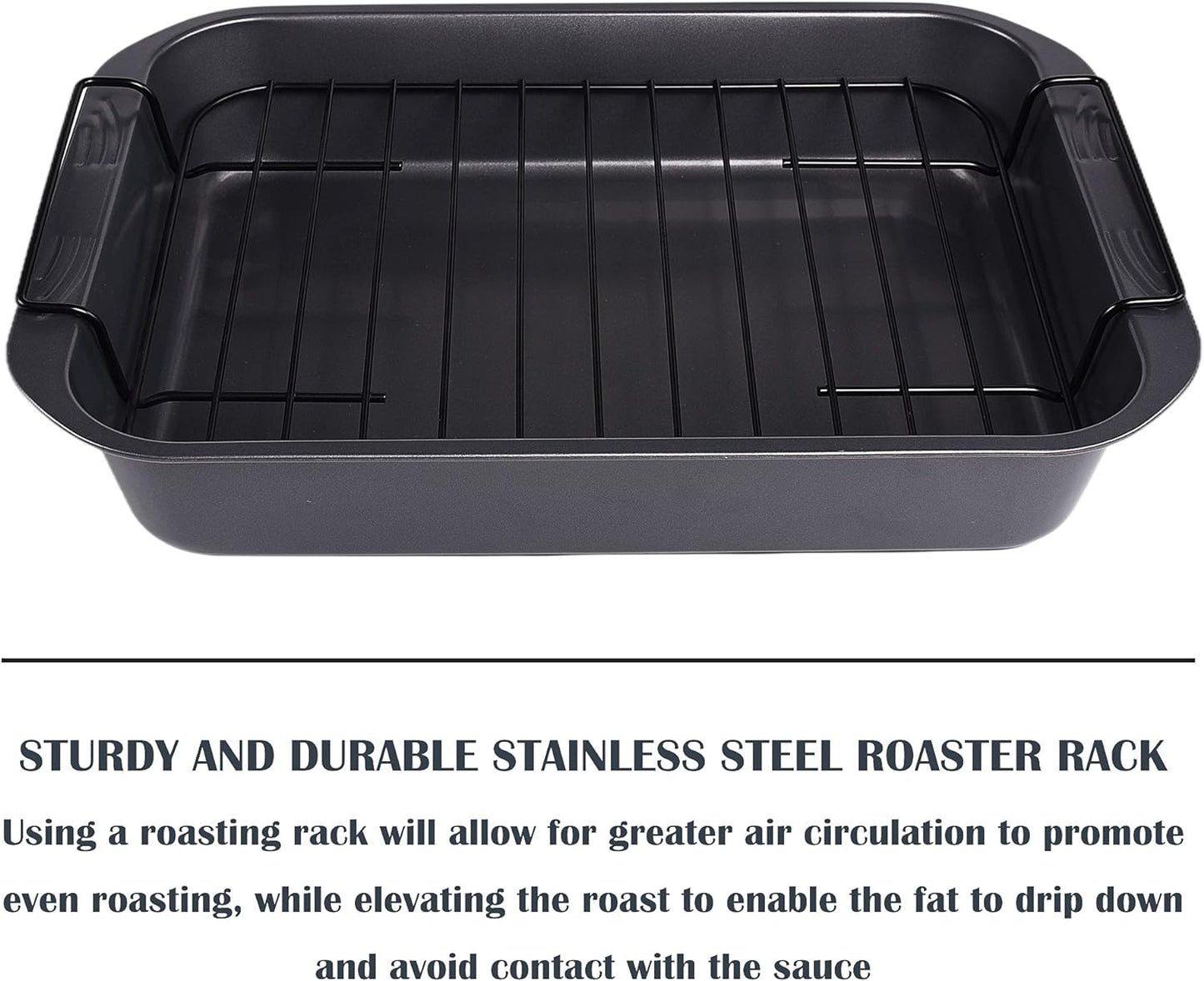 kitCom Bakeware Nonstick Roaster, Nonstick Roasting Pan with Rack, Great For Roast Chicken, Roasts And Turkeys - 15 Inch x 11 Inch (5.8 QT), Gray