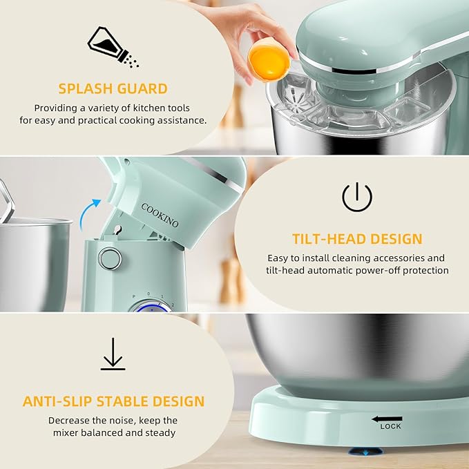 Electric Stand Mixer,10 Speeds 660W Tilt-Head Food Mixer, 3-IN-1 Kitchen Mixer for Daily Cooks with 6.5 QT Bowl,Dough Hook, Beater, Whisk (Agave Green)