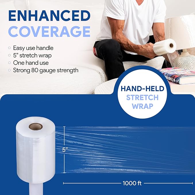 International Plastics Co. 2 Pack of 5" Plastic Stretch Film Wrap with Handles 1000 feet Each 500% Stretch Ability