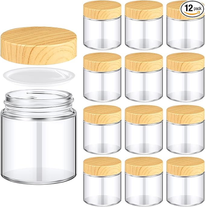 Norme 12 Pcs 4 oz Glass Jars with Lids Empty Small Glass Containers and Inner Liners Reusable Cosmetic Jars Round Airtight Bottles with Plastic Woodgrain Lids for Travel