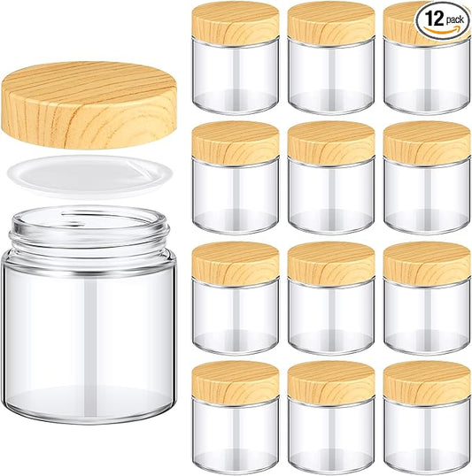 Norme 12 Pcs 4 oz Glass Jars with Lids Empty Small Glass Containers and Inner Liners Reusable Cosmetic Jars Round Airtight Bottles with Plastic Woodgrain Lids for Travel