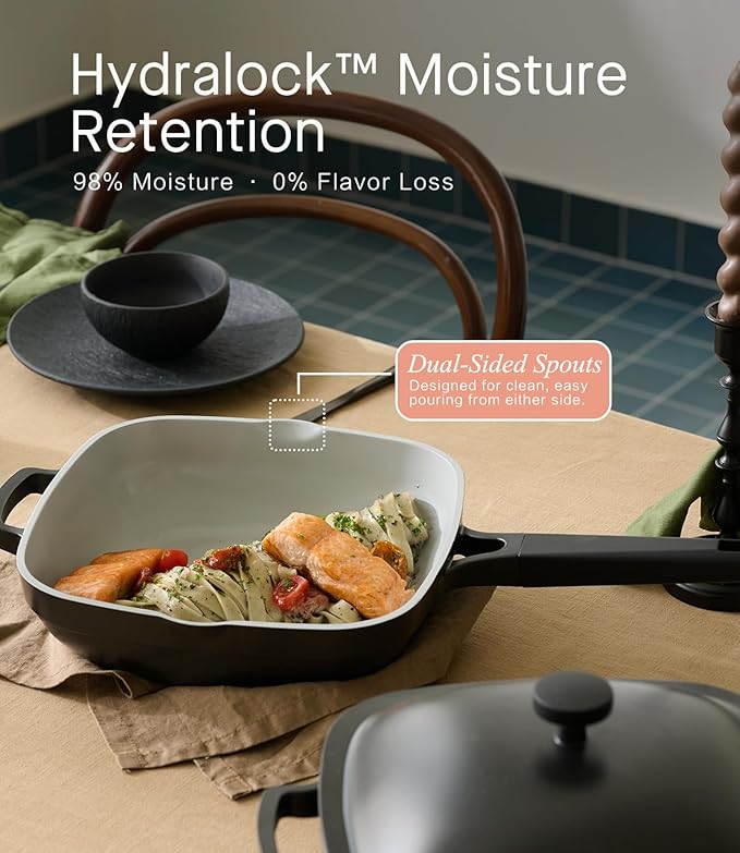 10.5 Inch(3.8QT) Deep Frying Pan,Non Stick Frying Pans Cast Aluminum,Ti-Ceramic Non Toxic Pix Pan with Lid,Natural Wooden Spatula and Loofah Scrubber-Midnight Hearth