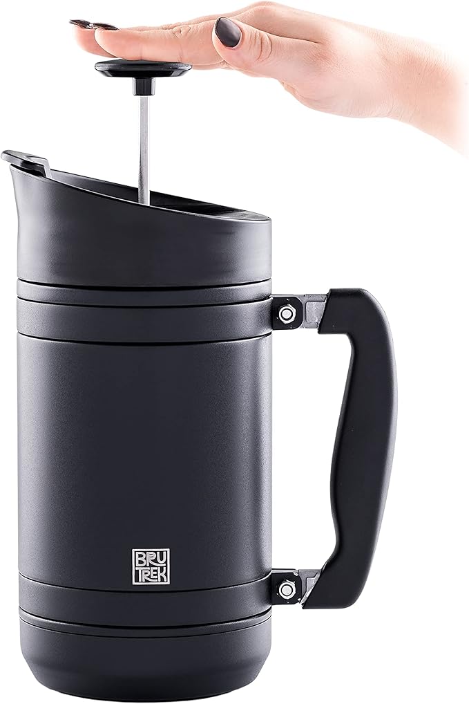 BaseCamp Coffee Press - Double Wall Insulated Stainless Steel - Bru-Stop Technology, No Grounds in Coffee, No Spill Lid (Obsidian, 32 fl.oz)