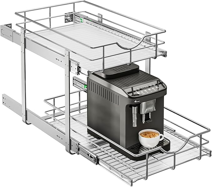 WelFurGeer 2-Tier Stainless Steel Pull Out Cabinet Organizer, Soft Close Damping Slides, Heavy Duty Chrome Plated Wire Basket with Shelf Liner, Perfect for Kitchen Cabinets, Pantry Storage, Under Sink