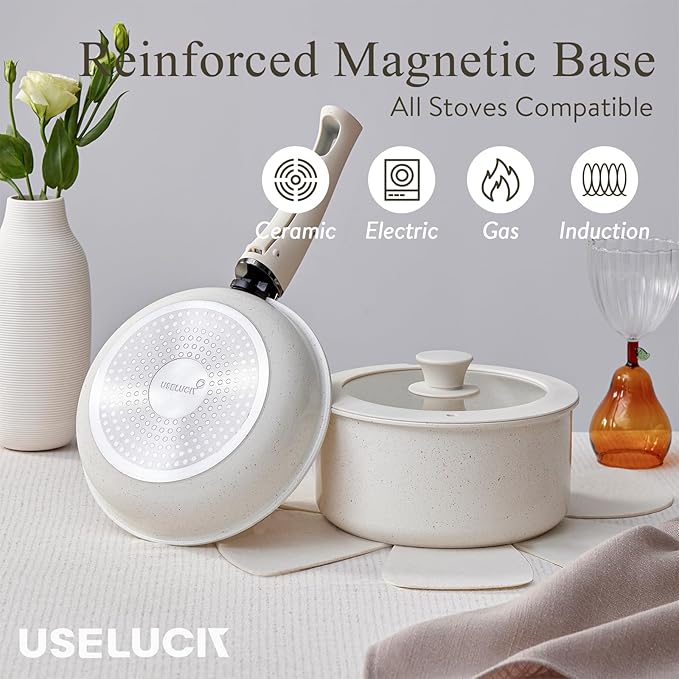 Pots and Pans Set Healthy Non toxic Non Stick Ceramic Cookware Set 21 Pcs Detachable Handles, Oven Safe, Induction Dishwasher, Stackable Frying Pan (PFOS, PFOA Free),Cream White