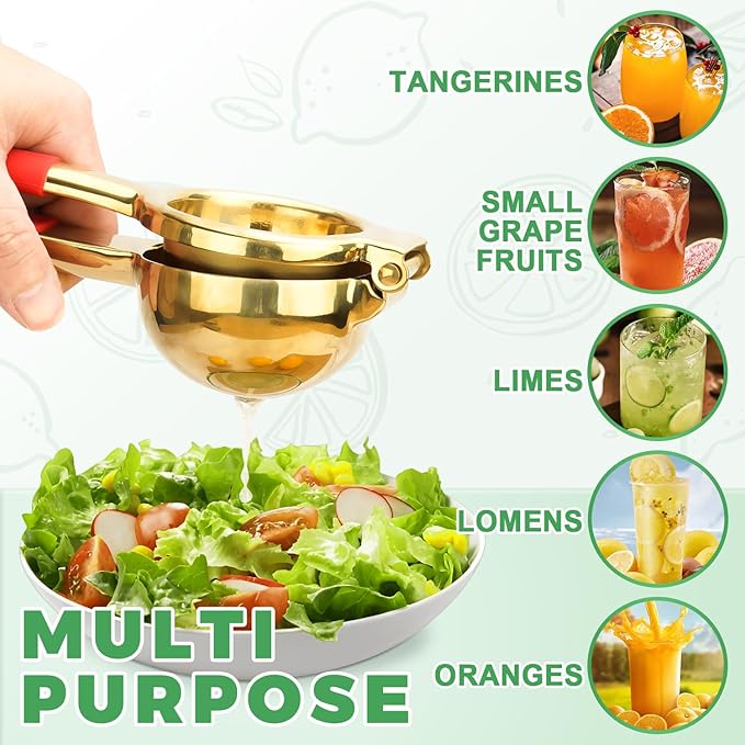 Lemon Squeezer,304 Stainless Steel Citrus Press Juicer,Non-Slip Grip Design Manual Juicer,Heavy Duty Manual Citrus Press Juicer & Lime Squeezer-Gold & Red