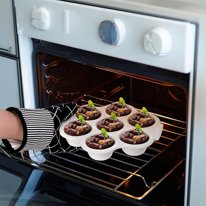 Youeon 2 Pack Ceramic Muffin Pans 7 Cups, Nonstick White Floral Cupcake Baking Pan with Handle, Muffin Tins for Muffins, Cupcakes, Tarts, Mini Cheesecakes, Oven and Dishwasher Safe