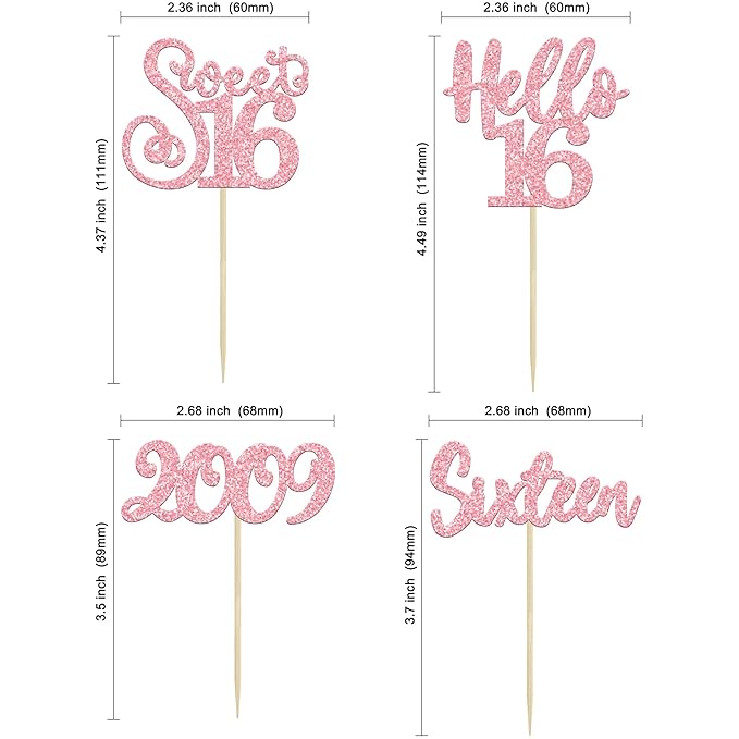Gyufise 24Pcs Happy 16th Birthday Cupcake Toppers Glitter Hello 16 Sweet 16 Sixteen Years Old Cupcake Picks for Celebrating 16th Birthday Anniversary Party Cake Decorations Supplies Pink