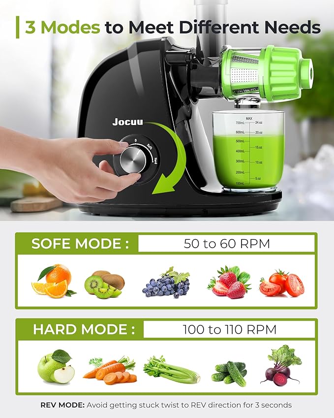 Jocuu Slow Masticating Juicer with 2-Speed Modes - Cold Press Juicer Machine - Quiet Motor & Reverse Function - Easy to Clean Juicer Extractor - Juice Recipes for Fruits & Vegetables (Black)
