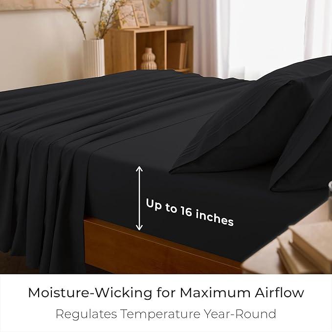 Mellanni Full Sheets Set - 4 PC Iconic Collection Bedding - Hotel Luxury, Extra Soft, Cooling Bed Sheets - Wrinkle, Fade, Stain Resistant (Full, Black)